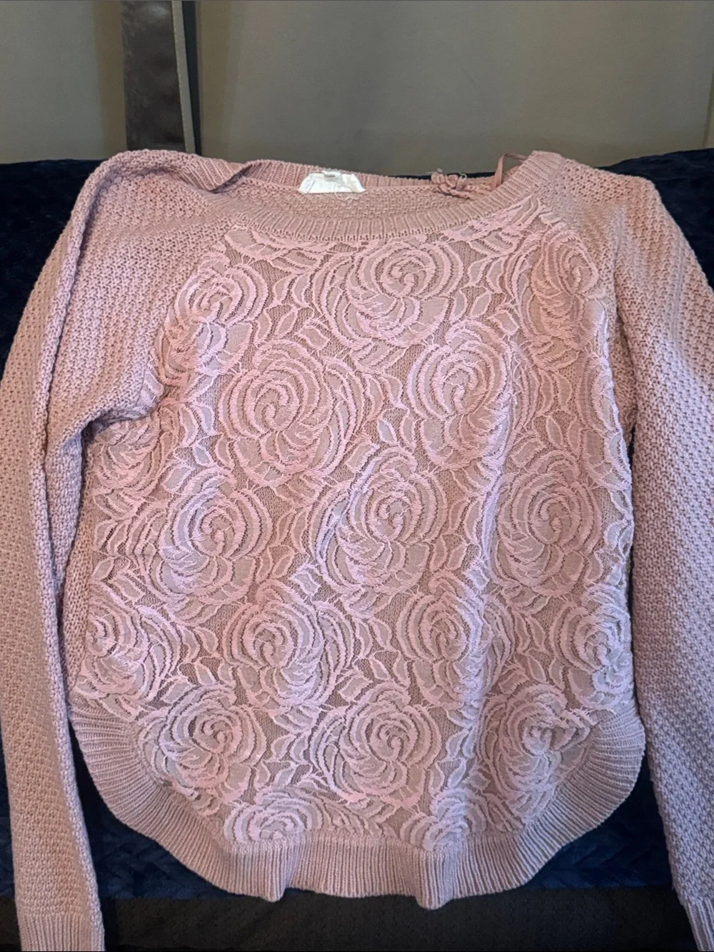Cloud Chaser Lace-Front Crewneck Sweater in Dusty Rose pink roses